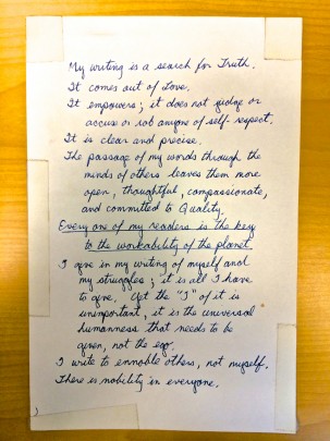 A handwritten note about why Dana writes